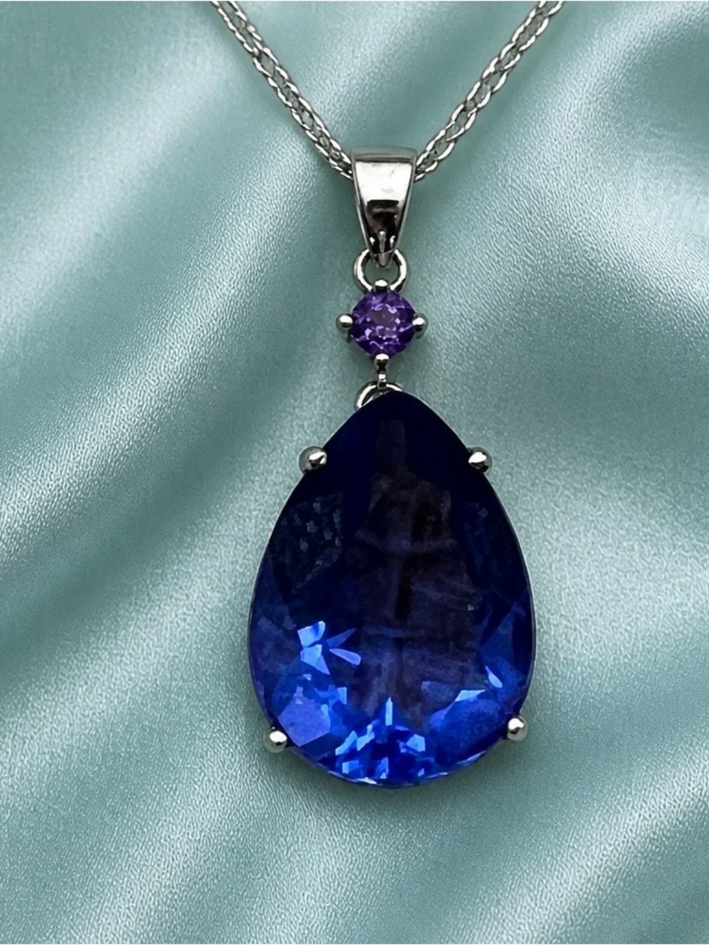 Royal Blue Teardrop Fluorite with Amethyst Accent Necklace set in 925 S.Silver